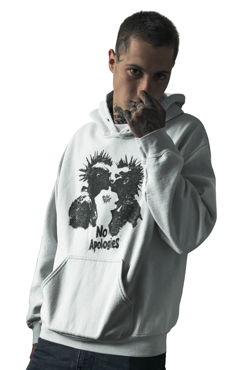 Punk Rock Kiss: No Apologies hoodie worn by a model, white — Pride Riot