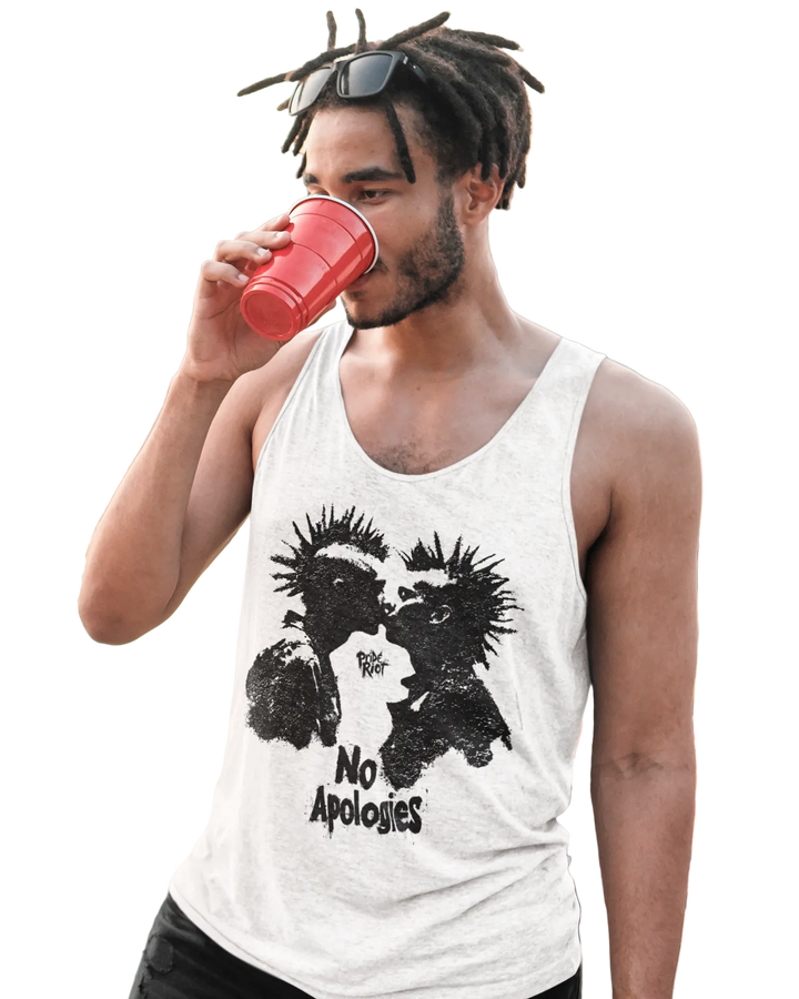 Punk Rock Kiss: No Apologies tank worn by a model — Pride Riot