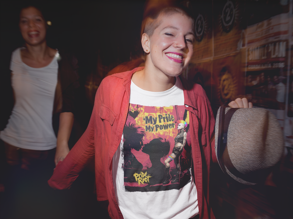 Punk Rock Queen tee in white, worn — MY PRIDE MY POWER with two punk queens