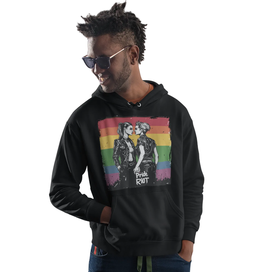 Rebel Lovers hoodie in black, worn — two punks kissing in front of a rainbow flag