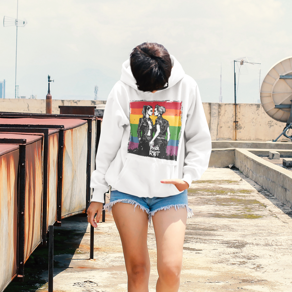 Rebel Lovers hoodie in white, worn — two punks kissing in front of a rainbow flag
