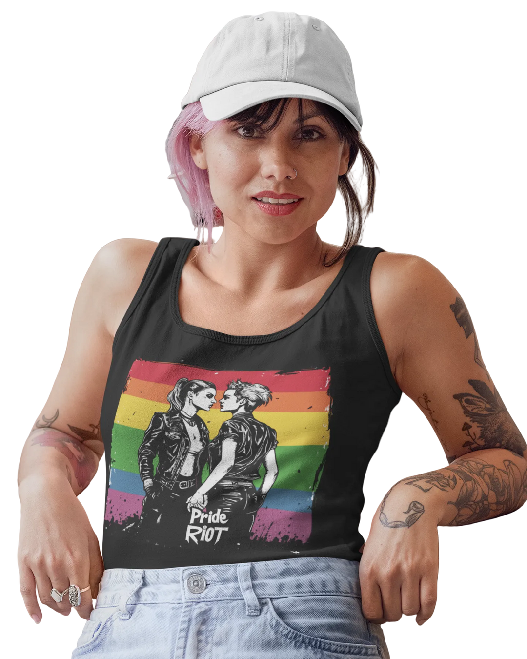 Rebel Lovers tank worn by a model, black — two figures in leather, hands clasped, on a rainbow ground — Pride Riot