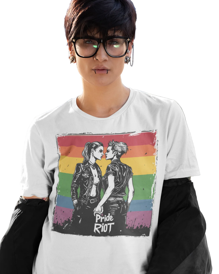 Rebel Lovers tee worn by a model, white — black-and-white illustration of two figures in front of a rainbow pride flag — Pride Riot