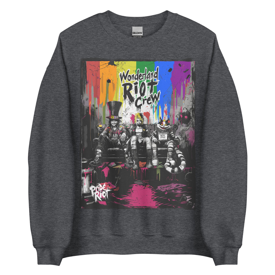 Alice in Anarchy sweatshirt showing the available color: Dark Heather Grey. The ribbed cuffs are visible.