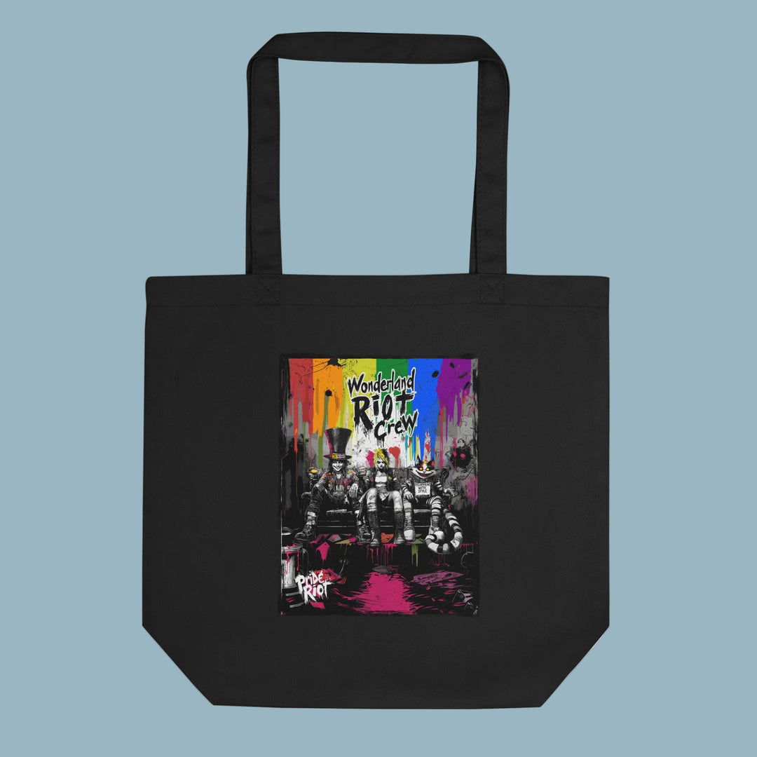 The Alice in Anarchy tote shown in the Black. This option highlights the raw, eco-friendly aesthetic of the cotton.