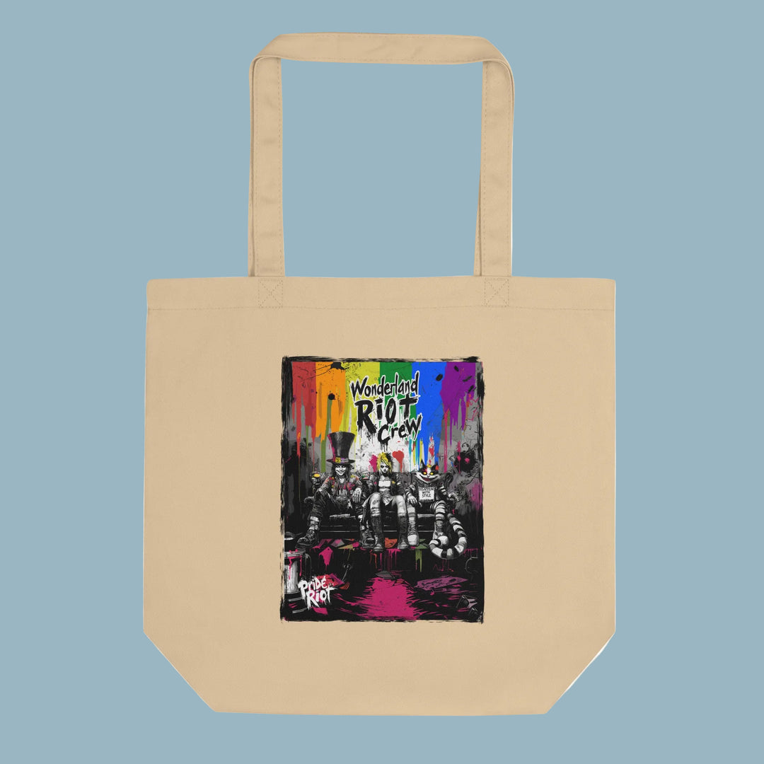 The Alice in Anarchy tote shown in the Oyster/Natural colorway with black ink. This option highlights the raw, eco-friendly aesthetic of the unbleached cotton.