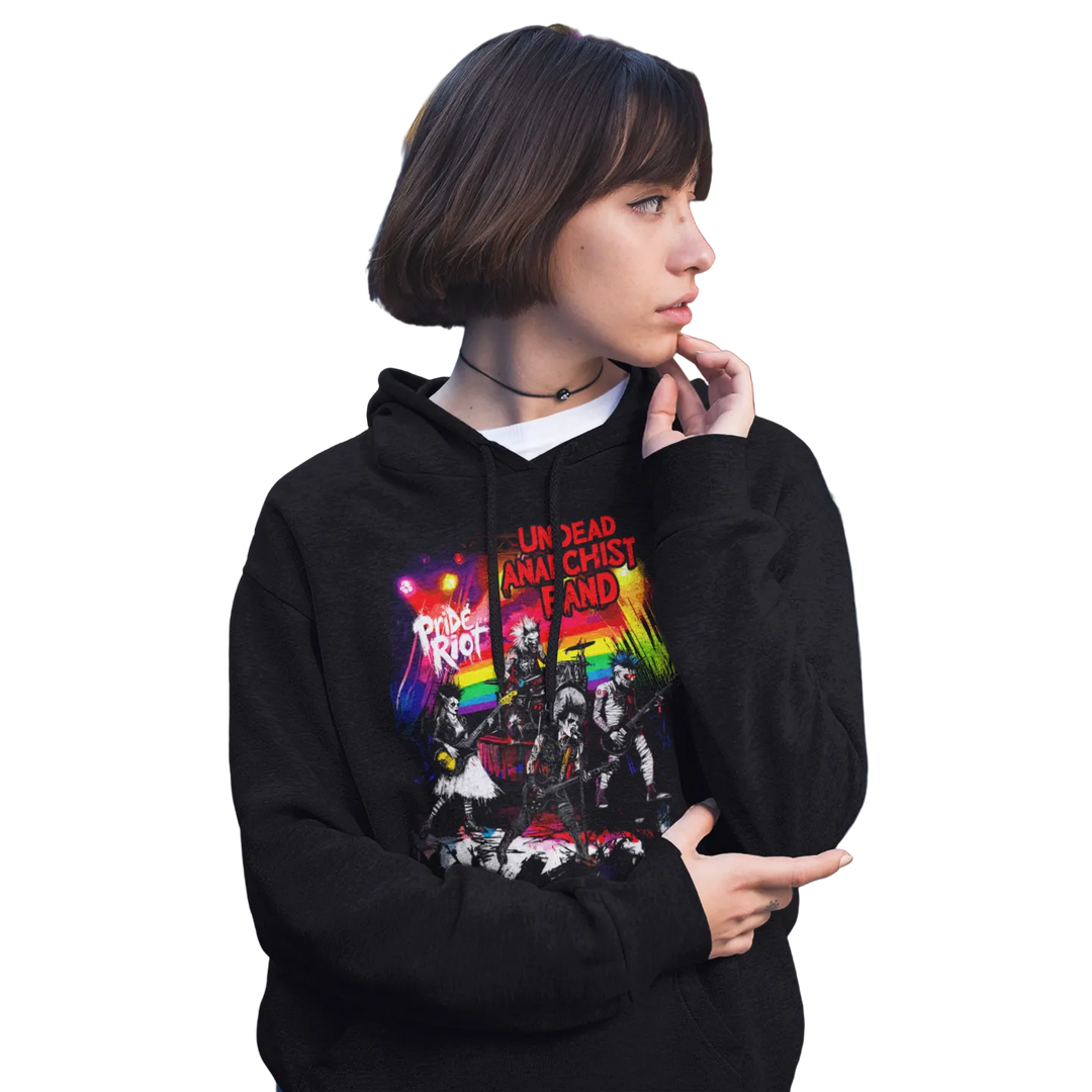 Undead Anarchist hoodie worn by a model — Pride Riot