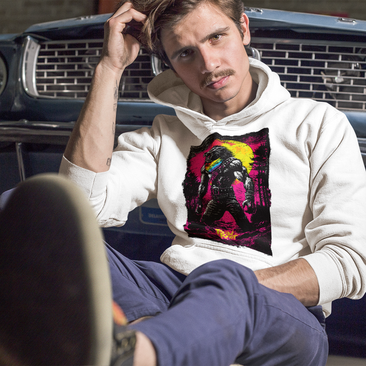 A man wearing a white graphic hoodie and navy pants sits in front of a vintage blue car, with his leg raised in the foreground.