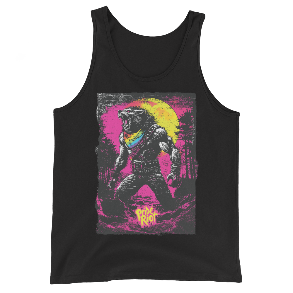 Werewolf tank in black, front — a werewolf in a studded jacket under a yellow moon and magenta sky