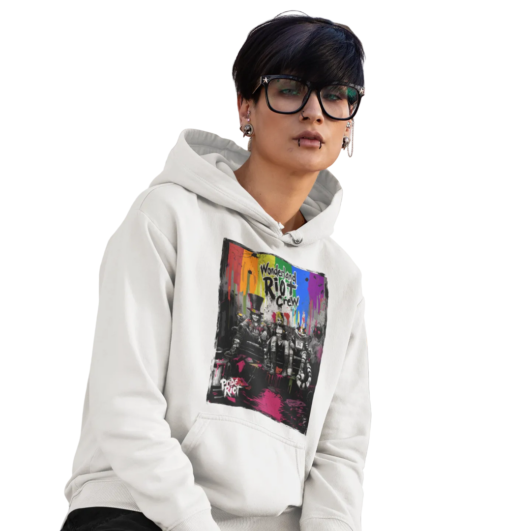 Wonderland Riot Crew hoodie worn by a model — Pride Riot