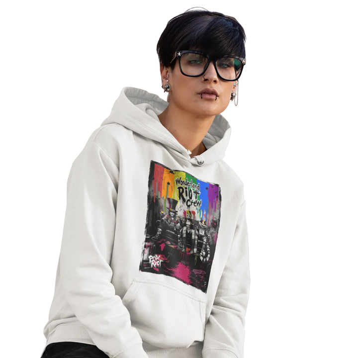 Wonderland Riot Crew hoodie worn by a model — Pride Riot