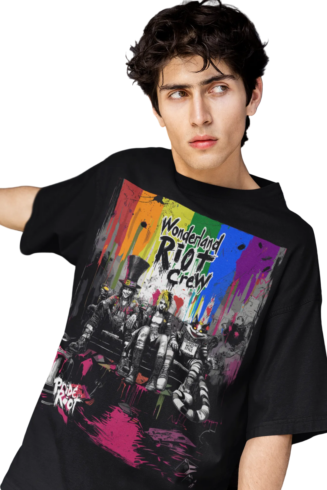Wonderland Riot Crew tee worn by a model — Pride Riot