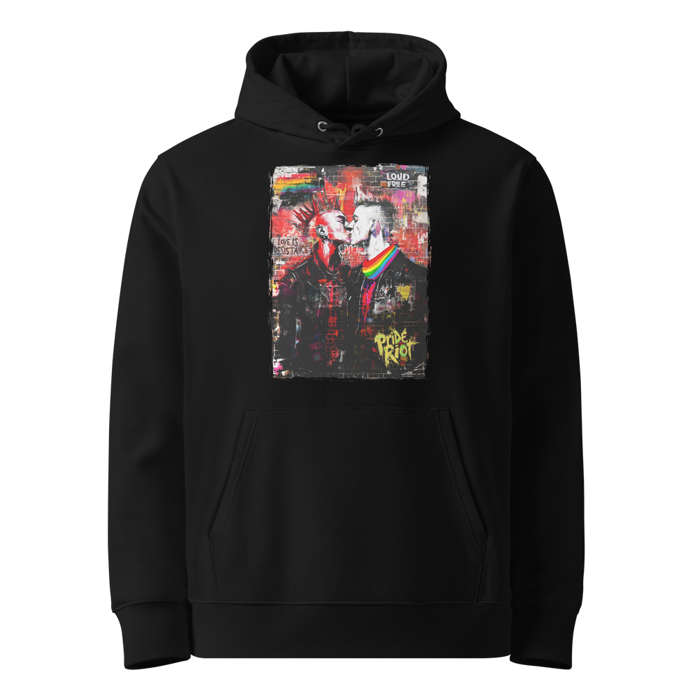 Black Punk Rock Kiss Love is Resistance pride graphic hoodie in front view – Pride Riot