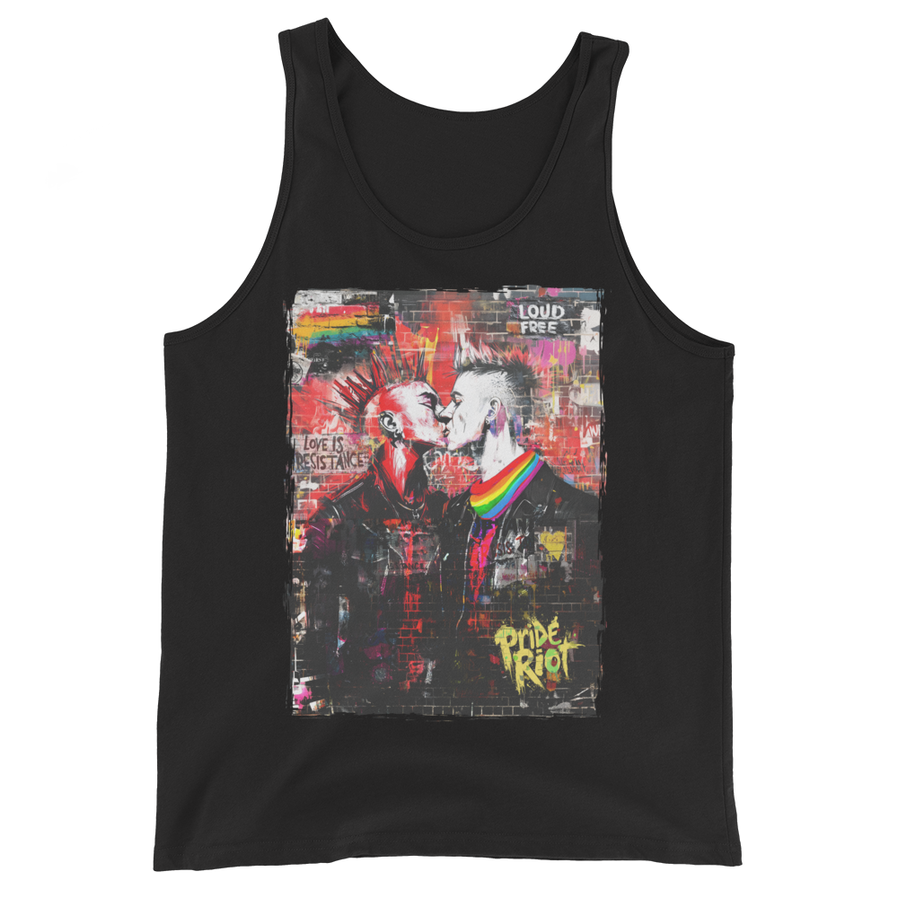 Black Punk Rock Kiss Love is Resistance pride graphic tank top in front view – Pride Riot
