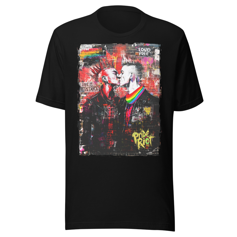 Black Punk Rock Kiss Love is Resistance pride graphic tee in front view – Pride Riot