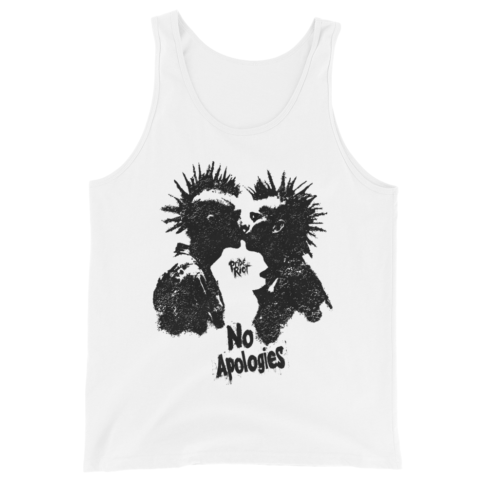Punk Rock Kiss No Apologies pride tank top in white – front view – Pride Riot