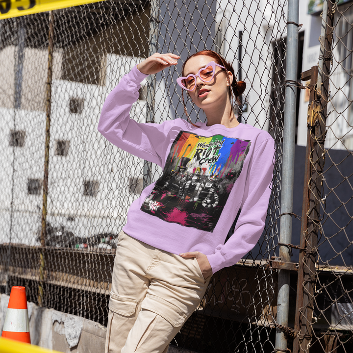 Front view of the Alice in Anarchy crewneck sweatshirt in vintage Pepper black. The fabric has a washed-out, soft grunge texture. The chest features the punk Alice graphic in high contrast.