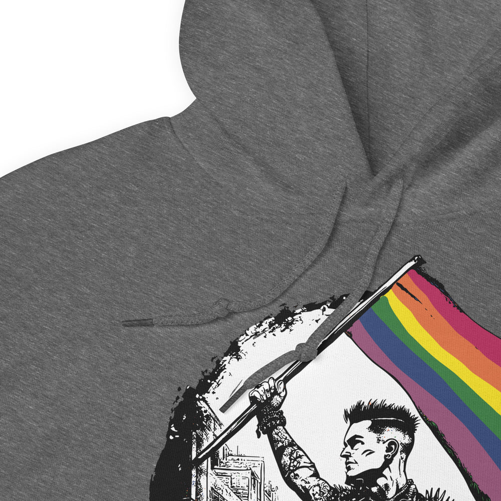 Close-up of the hoodie fabric showing the rugged texture of the cotton-poly fleece blend and the distressed ink of the flag print.