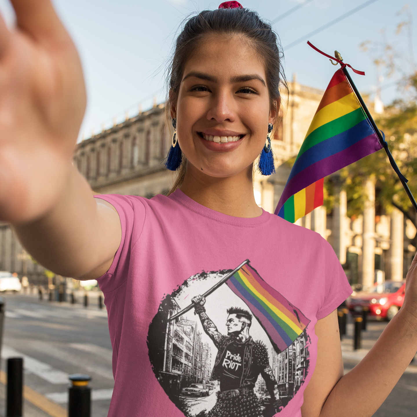 Riot Flagbearer Tee – Queer Punk Protest Shirt – Unisex LGBTQ+ 2025 Pride Graphic by Pride Riot