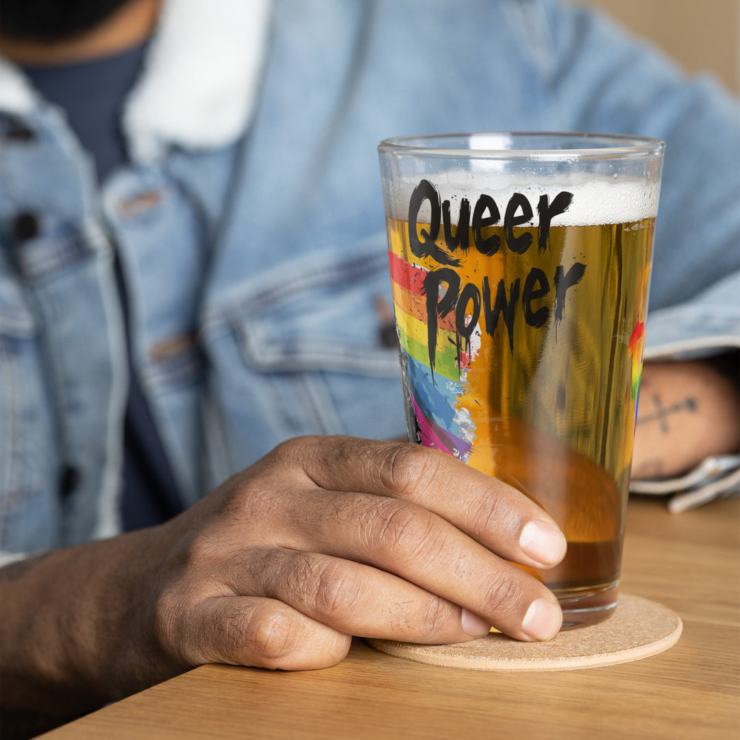 Queer Power Pint Glass – LGBTQ+ Pride Shaker Glass (16 oz) – Punk Rock Inclusive Drinkware – Genderqueer Gift – Bar Glass – Eco-Friendly POD