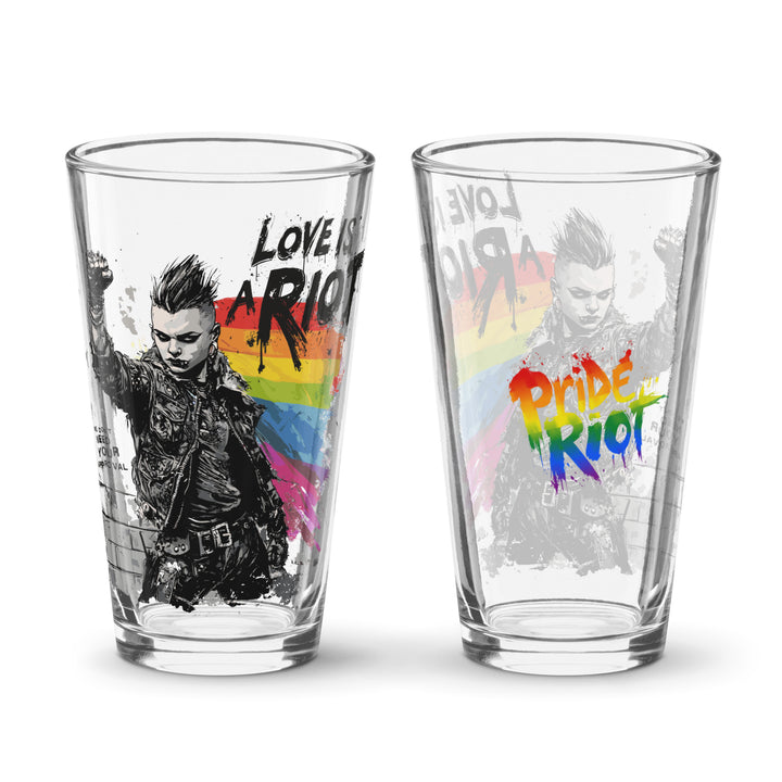 Love Is a Riot Pint Glass – LGBTQ+ Pride Punk Drinkware (16 oz) – Queer Protest Glass – Rainbow Shaker Cup – Print-on-Demand Eco Barware