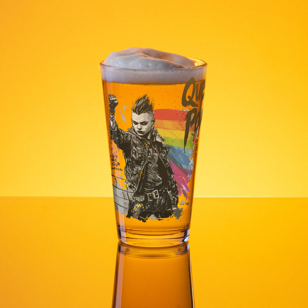 Queer Power Pint Glass – LGBTQ+ Pride Shaker Glass (16 oz) – Punk Rock Inclusive Drinkware – Genderqueer Gift – Bar Glass – Eco-Friendly POD