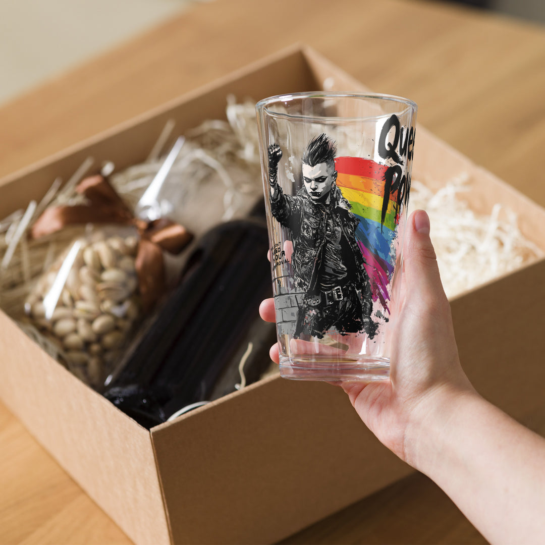 Queer Power Pint Glass – LGBTQ+ Pride Shaker Glass (16 oz) – Punk Rock Inclusive Drinkware – Genderqueer Gift – Bar Glass – Eco-Friendly POD