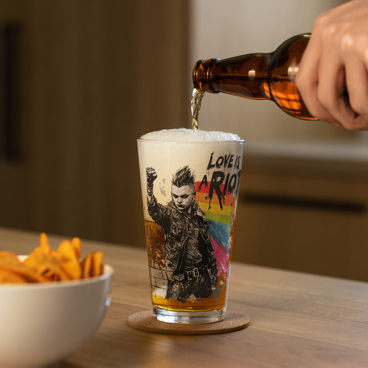 Love Is a Riot Pint Glass – LGBTQ+ Pride Punk Drinkware (16 oz) – Queer Protest Glass – Rainbow Shaker Cup – Print-on-Demand Eco Barware