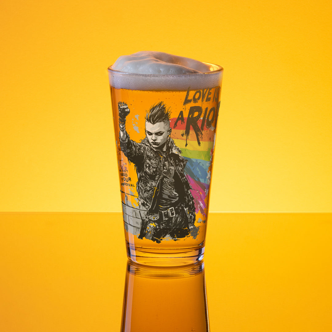 Love Is a Riot Pint Glass – LGBTQ+ Pride Punk Drinkware (16 oz) – Queer Protest Glass – Rainbow Shaker Cup – Print-on-Demand Eco Barware
