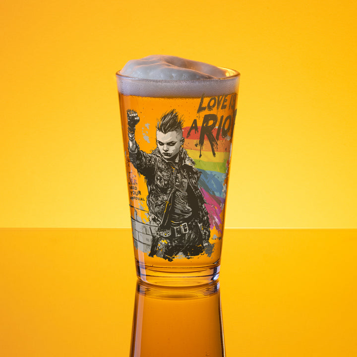 Love Is a Riot Pint Glass – LGBTQ+ Pride Punk Drinkware (16 oz) – Queer Protest Glass – Rainbow Shaker Cup – Print-on-Demand Eco Barware