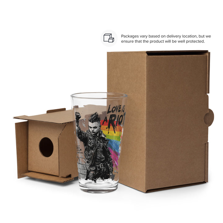 Love Is a Riot Pint Glass – LGBTQ+ Pride Punk Drinkware (16 oz) – Queer Protest Glass – Rainbow Shaker Cup – Print-on-Demand Eco Barware