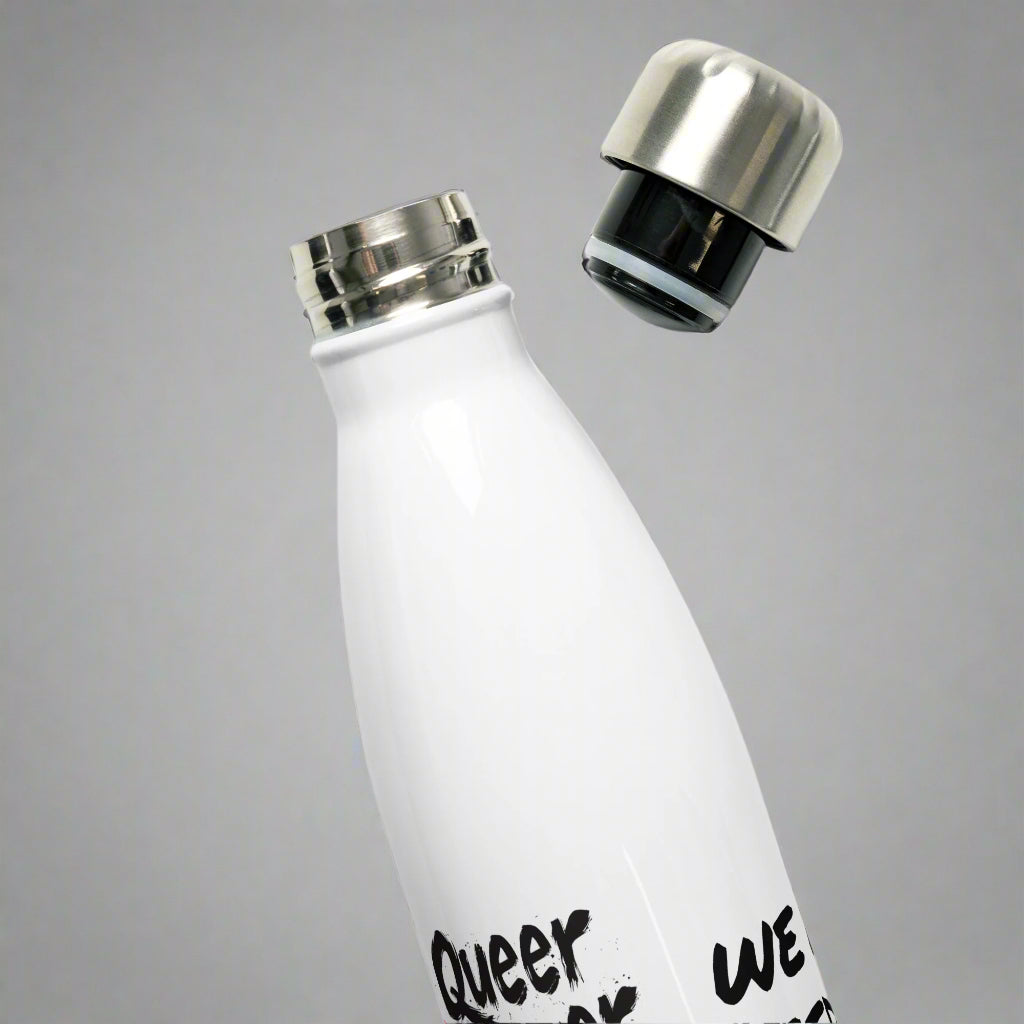 White water bottle with silver cap and black sleeve on a white background