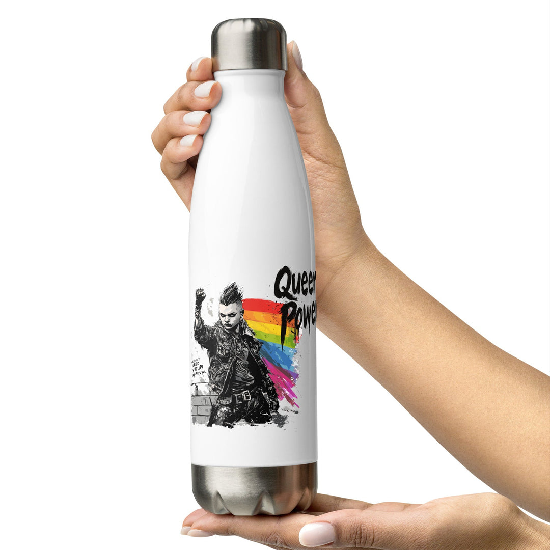 A hand holding a white stainless steel water bottle with a black and rainbow-colored graphic of a person and the text 'Queer Power'. The background is white and the bottle has a glossy finish.