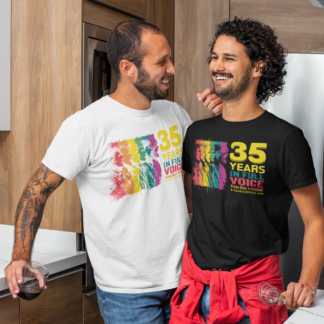 Black and white PHXGMC x Pride Riot t-shirt featuring colorful chorus silhouettes and text ‘35 Years in Full Voice.