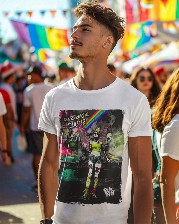 Man wearing a white t-shirt with a graphic design at a Pride event.