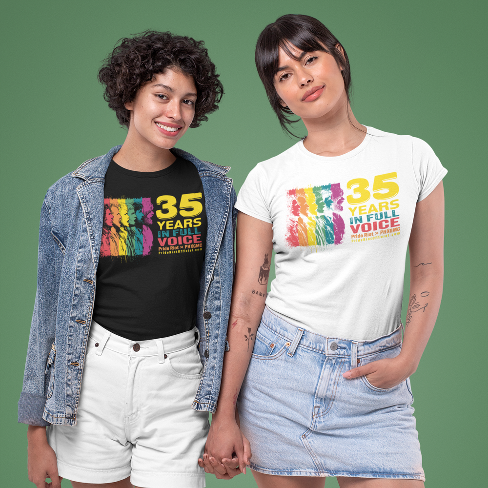 Black and white PHXGMC x Pride Riot t-shirt featuring colorful chorus silhouettes and text ‘35 Years in Full Voice.
