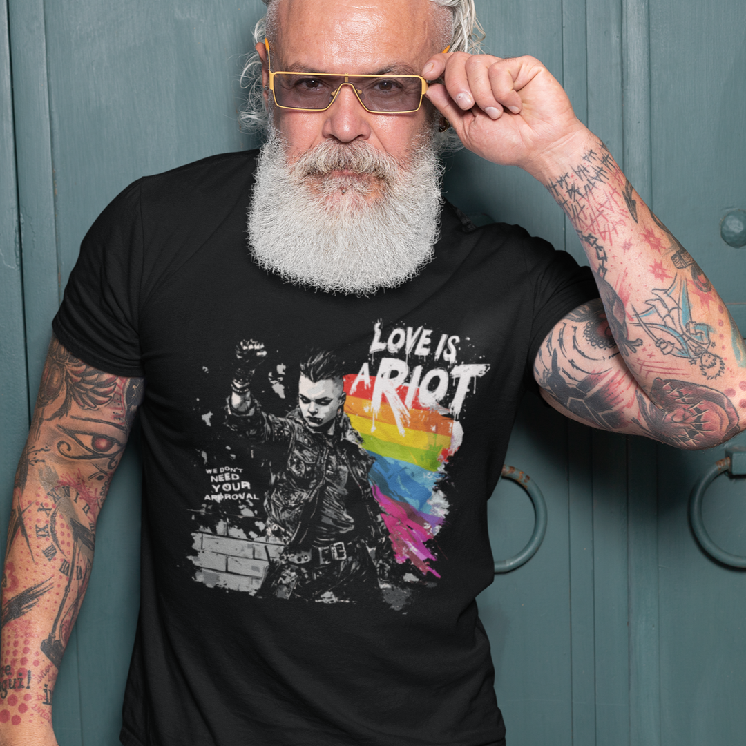 Love Is a Riot – Queer Punk T-Shirt - 2025 Pride (Dark Colors Edition, Bold Rainbow Protest Design)