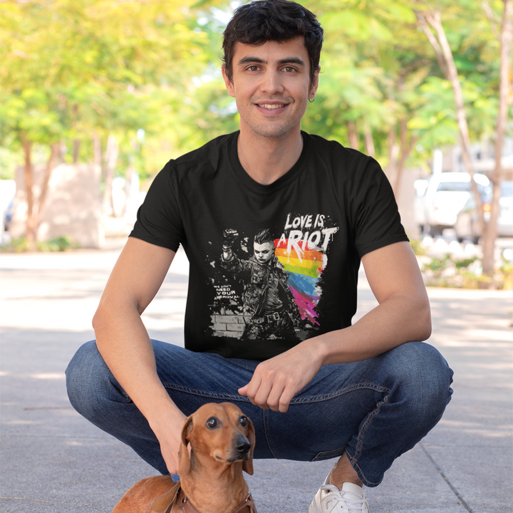 Love Is a Riot – Queer Punk T-Shirt - 2025 Pride (Dark Colors Edition, Bold Rainbow Protest Design)