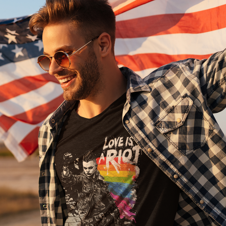 Love Is a Riot – Black V-Neck Pride 2025 Tee (Unisex Fit, LGBTQ+ Punk Style)