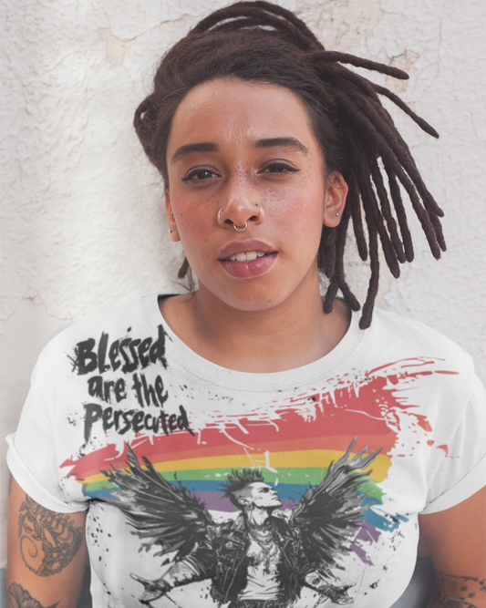 Blessed Are the Persecuted All-Over Pride Shirt – Queer Punk Angel Rainbow Wings Gothic LGBTQ+ Protest Tee (Unisex)