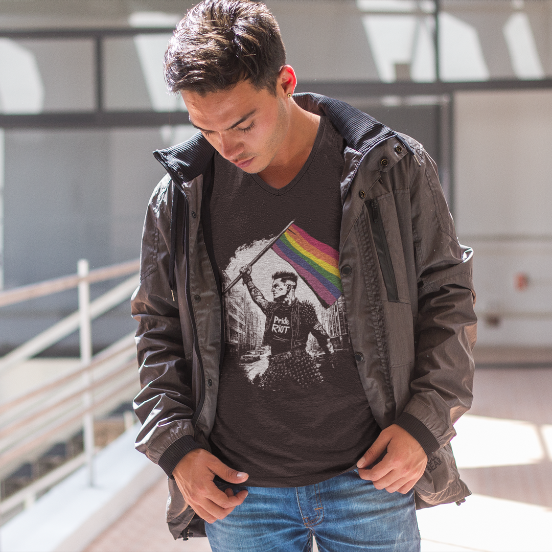 Flagbearer Pride V-Neck – Unisex LGBTQ+ T-Shirt | Punk-Inspired, Bold & Rebellious | Pride Riot Apparel