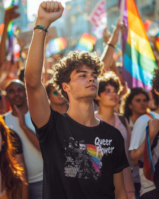 QUEER POWER TEE – DARK (STANDARD EDITION) | LGBTQ+ Pride Shirt, Unisex Fit, Punk Protest Graphic