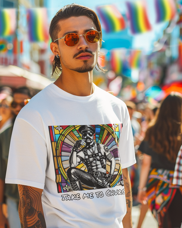 Take Me to Church T-Shirt – Queer Punk Leather Daddy Graphic Tee | Pride Riot Streetwear Rebellion