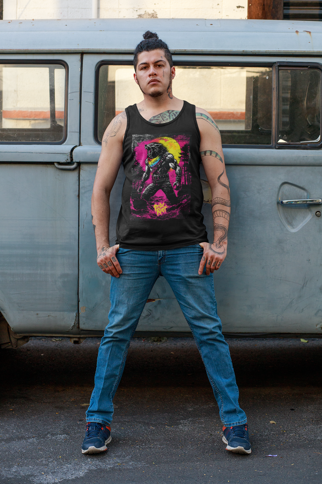 Werewolf queer punk tank worn by a model, black — Pride Riot