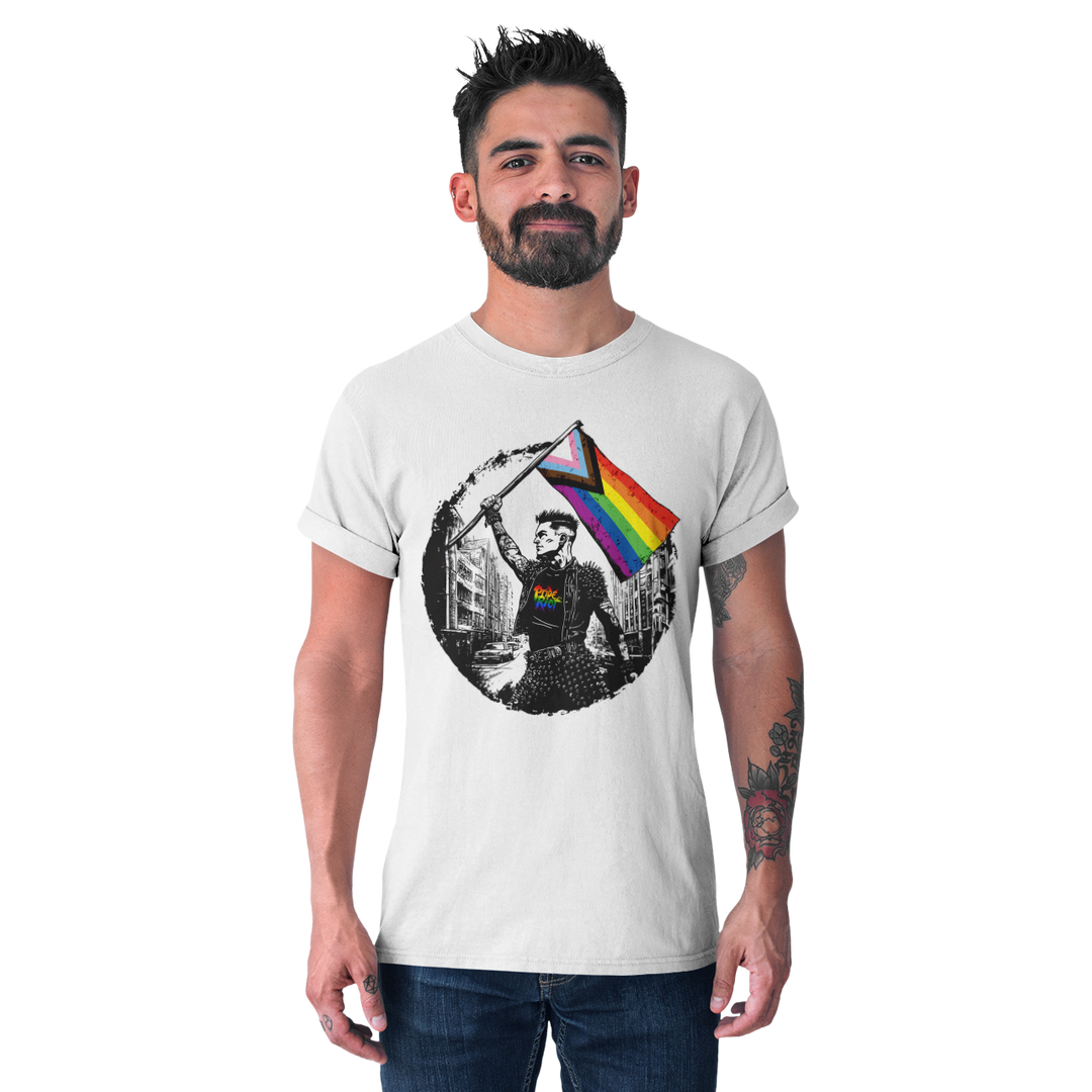 Flagbearer tee worn by a model — Pride Riot