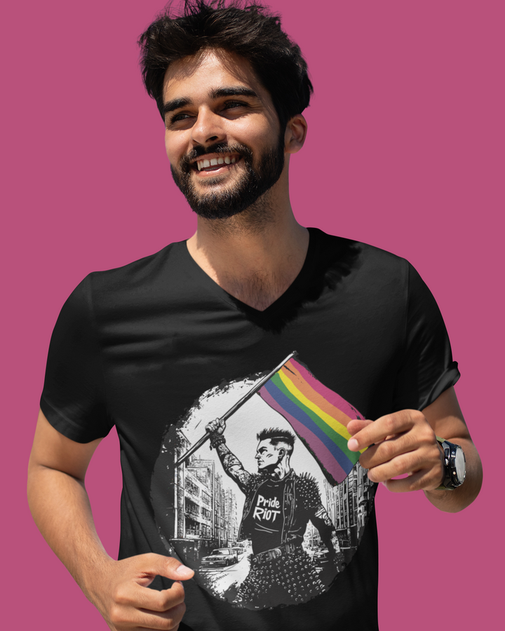 Flagbearer Pride V-Neck – Unisex LGBTQ+ T-Shirt | Punk-Inspired, Bold & Rebellious | Pride Riot Apparel