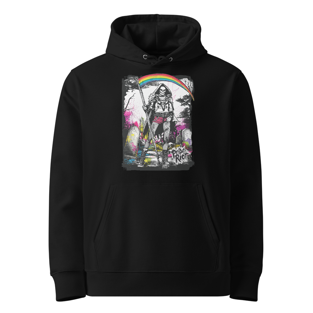 Reaper hoodie — black, front — Pride Riot