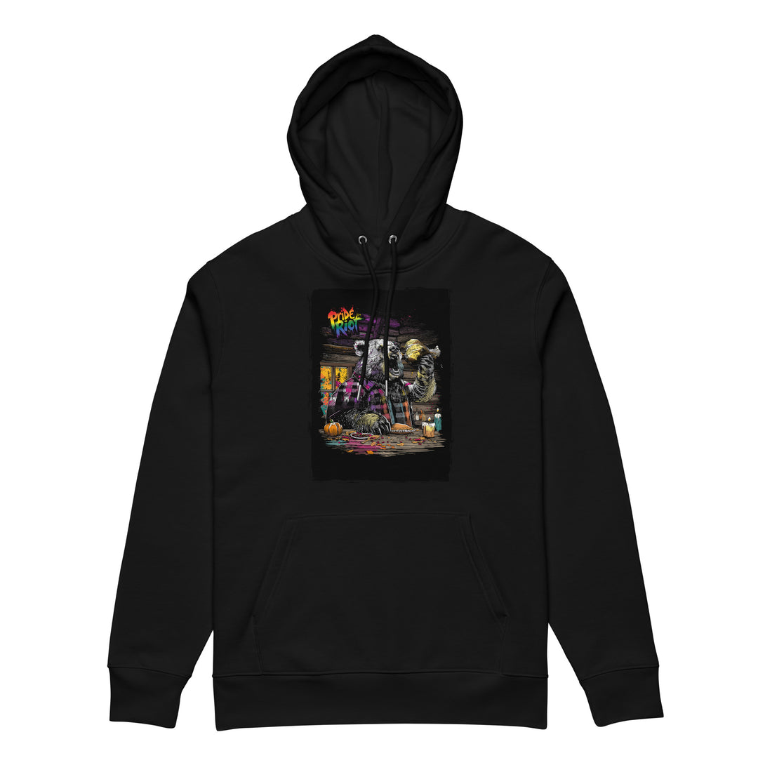 Friendsgiving Bear hoodie — black, front — Pride Riot