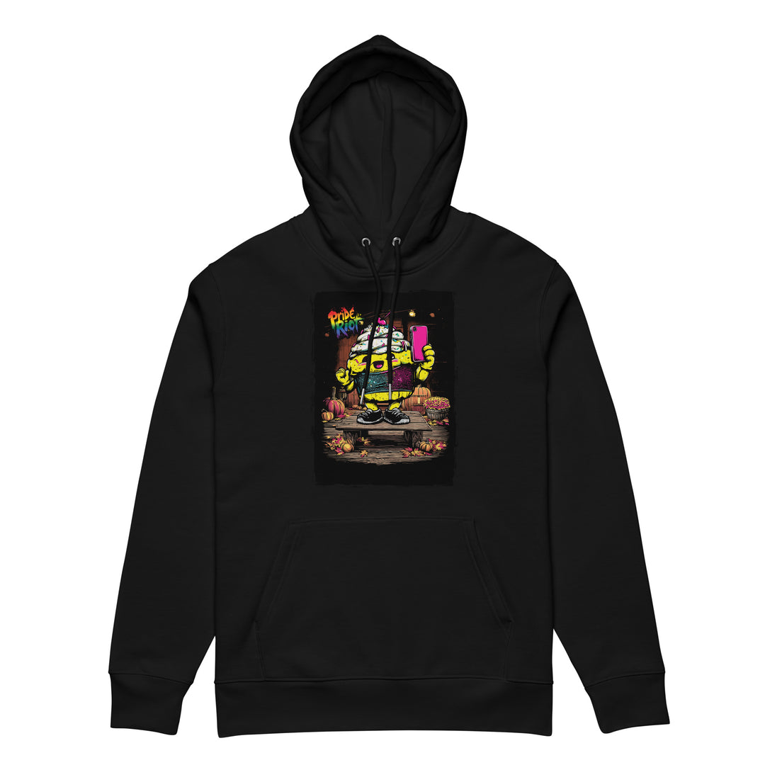 Friendsgiving Tinky Cake hoodie — black, front — Pride Riot
