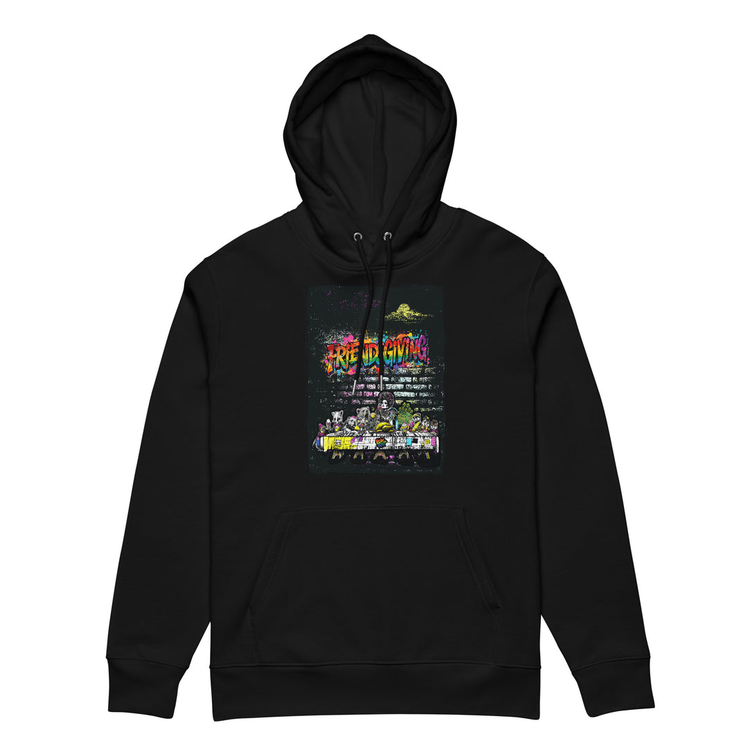Friendsgiving Wall Feast hoodie — black, front — Pride Riot